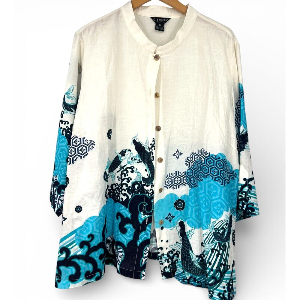 Citron Santa Monica 3X silk tunic top blouse mandarin collar Koi Fish Ocean